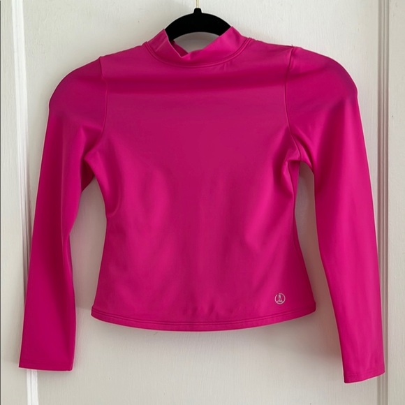 Land’s End Size L 6X - 7 Girls Hot Pink Mock Neck Long Sleeved Rash Guard - Picture 1 of 6